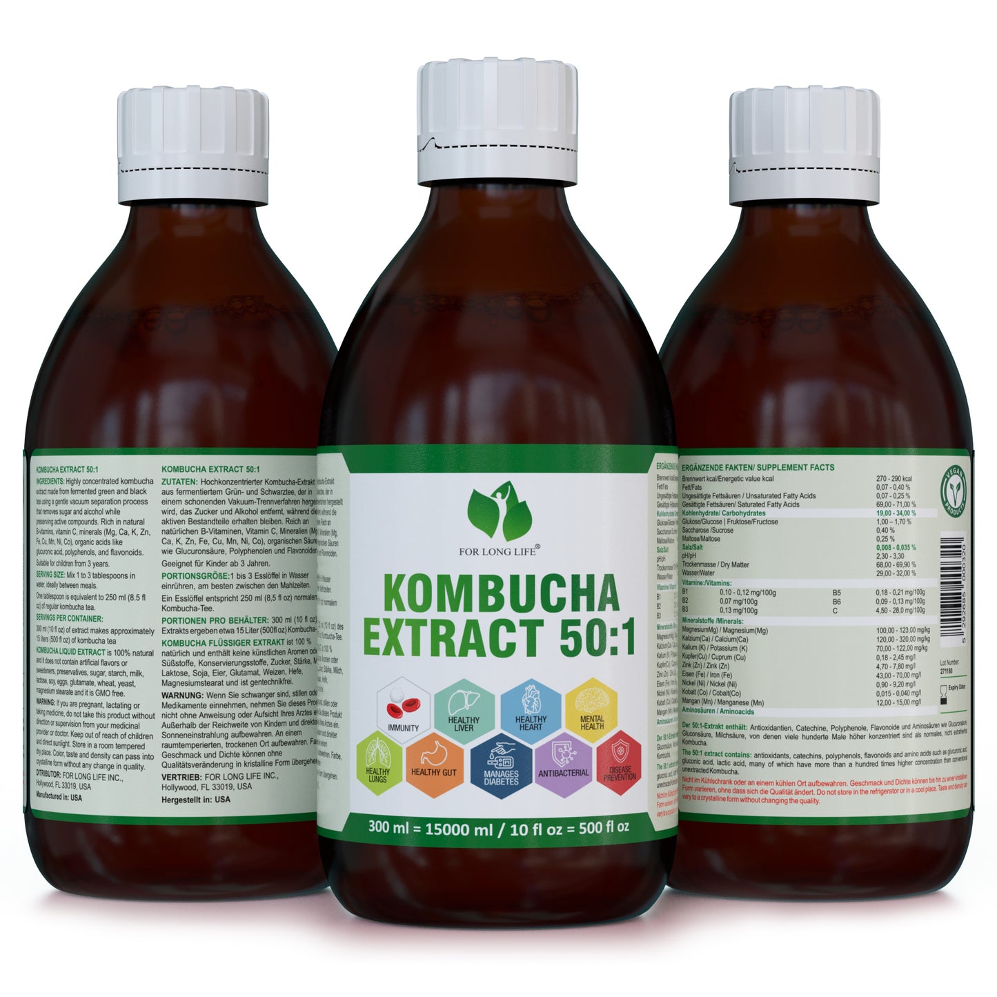 Natürliche Aminosäuren Vitamin B1, B2, B3, B5, B6 - 300 ml - Kombucha-Extrakt